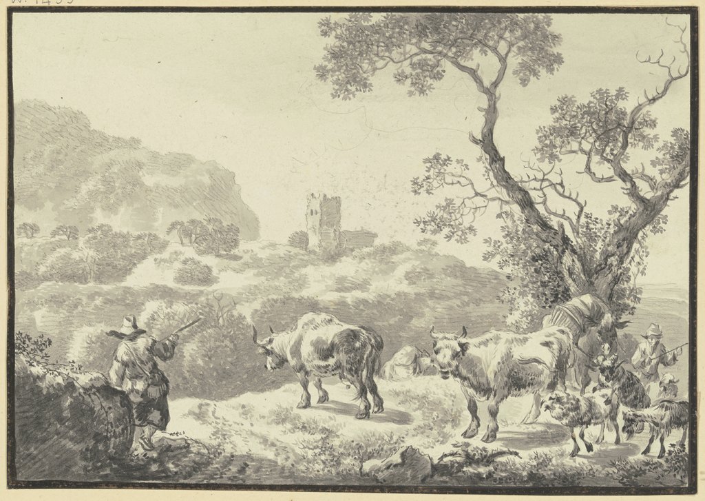 Landschaft mit einer Burgruine, zwei Hirten führen ihre Viehherde von rechts herbei, Johann Christian Klengel