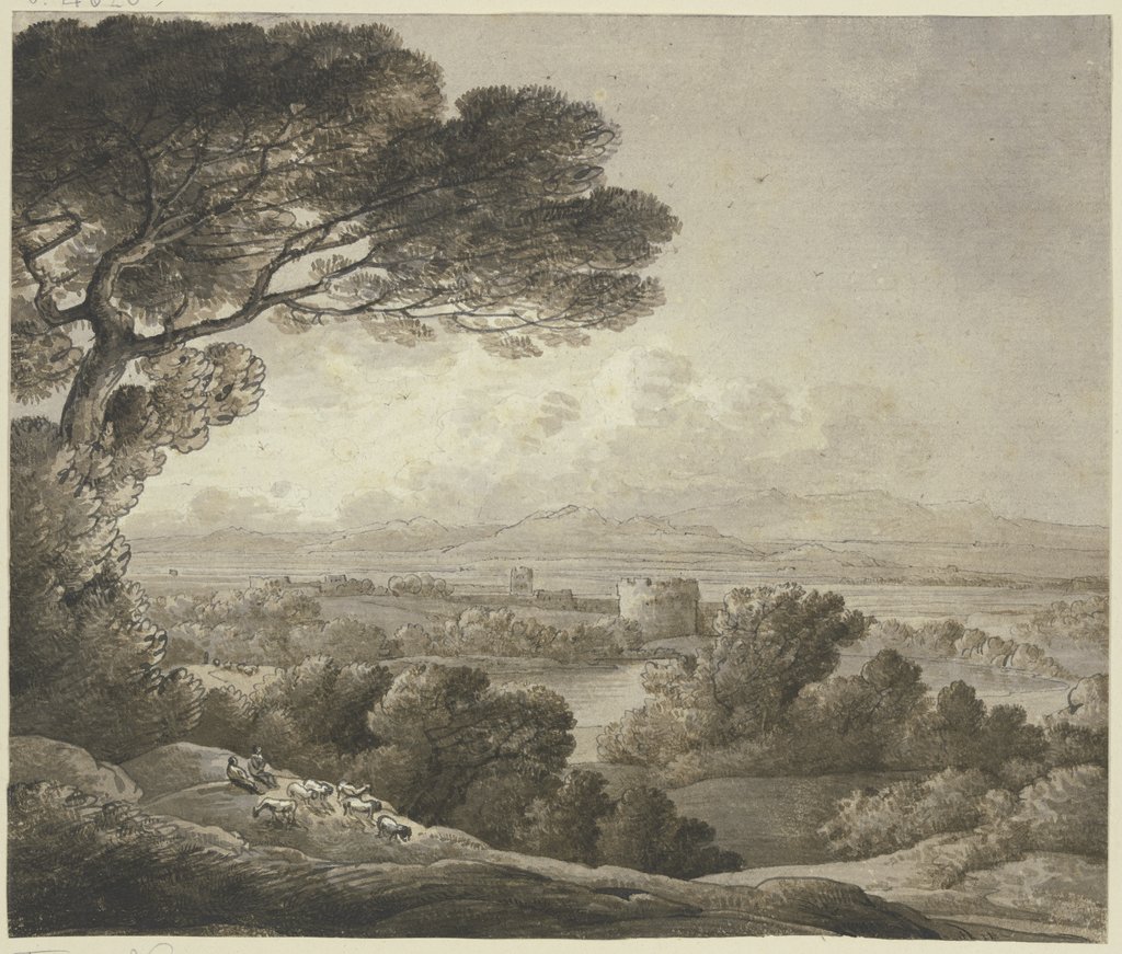 Blick über ein Tal mit mehreren Rundtürmen, Franz Innocenz Josef Kobell