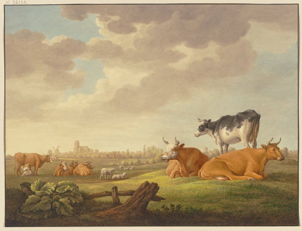 Auf einer Wiese Kühe und Schafe, in der Ferne eine Stadt, links eine Melkerin, Regnu, Aelbert Cuyp