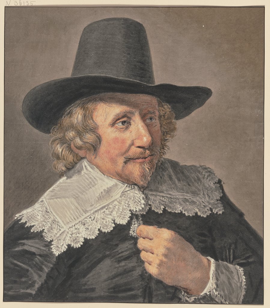 Junger Mann mit kurzem Barte, den Hut auf dem Kopfe, die Hand auf der Brust, nach rechts, Cornelis van Noorde, after Frans Hals