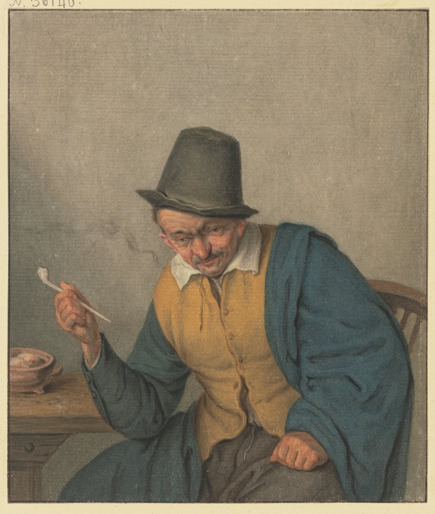 Nachdenkender Bauer an einem Tische sitzend, die Pfeife in der Hand haltend, Benjamin Wolff, nach Adriaen van Ostade;   ?