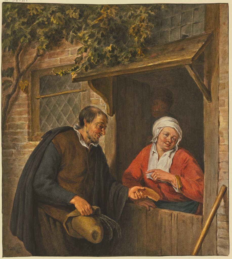 Ein Mann gibt einer in der Haustür stehenden Frau ein Stück Kuchen, Unbekannt, 18. Jahrhundert, nach Adriaen van Ostade