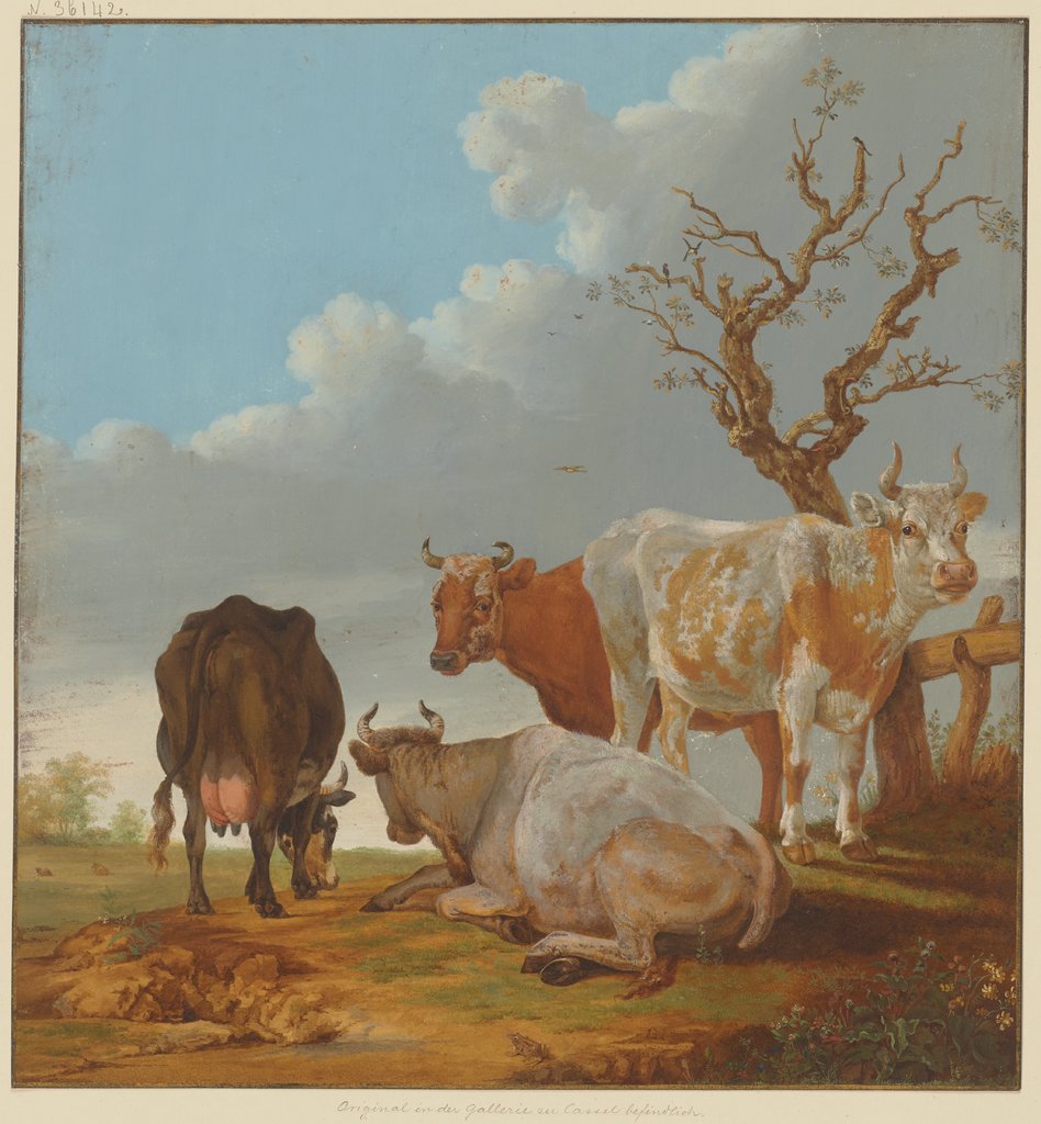 Vier Kühe auf der Weide, vorn sitzt ein Frosch, Regnu, nach Paulus Potter