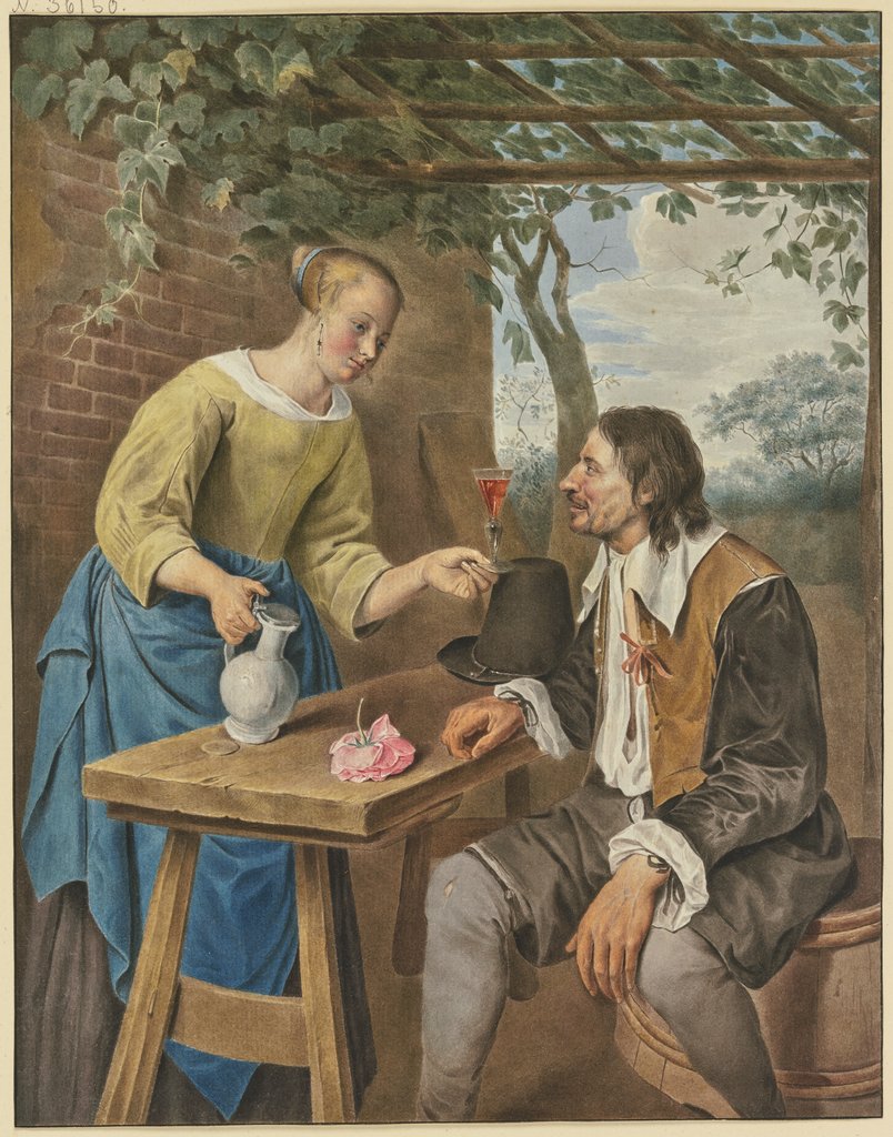 In einer Laube bringt ein Mädchen einem Mann ein Glas Wein, auf dem Tische liegt eine Rose, C. F. Selke, nach Jan Steen