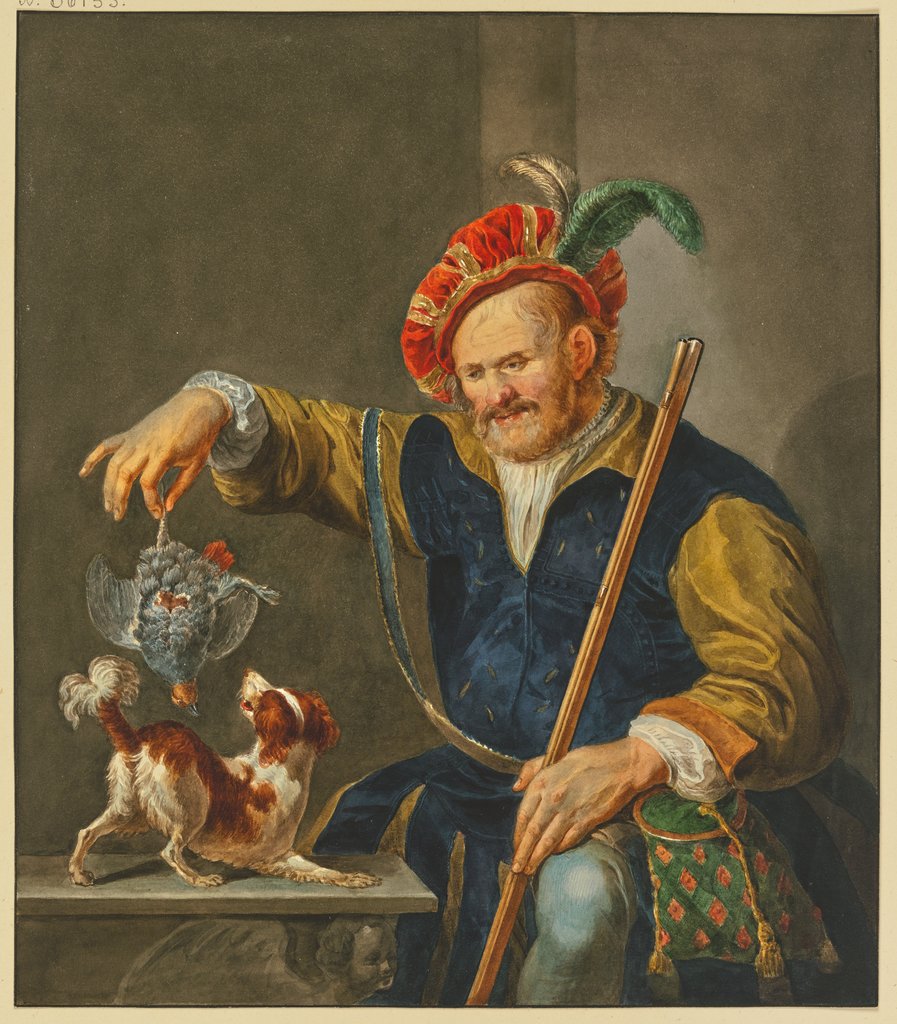 Ein von der Jagd gekommener Jäger in reicher Tracht zeigt seinem Hund ein Rebhuhn, R. Meurs Pruysenaar, after Arie de Vois