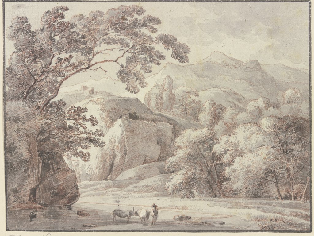 Gebirgslandschaft, im Vordergrund ein Mann mit zwei Kühen, Franz Innocenz Josef Kobell