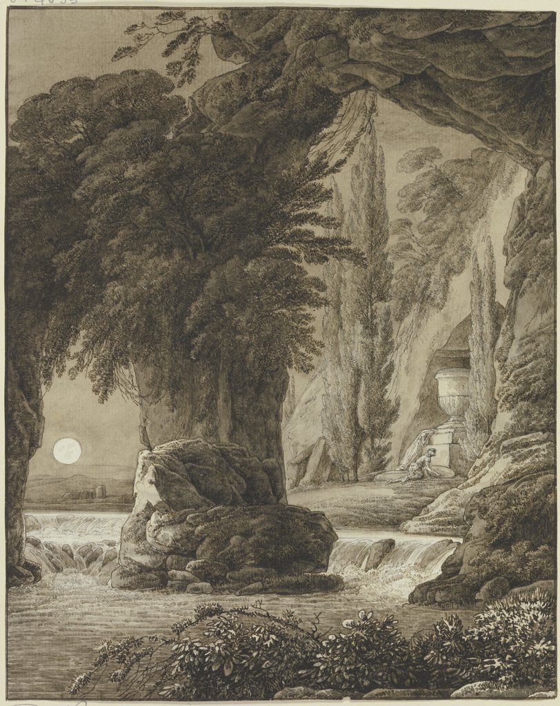 Felshöhle mit antikem Monument bei Mondschein, Franz Innocenz Josef Kobell