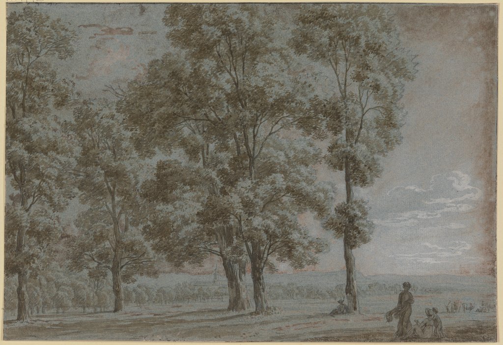 Gruppe von fünf hohen Bäumen mit Durchblick auf eine weite Landschaft, rechts vorne eine sitzende und eine stehende Frau und ein Kind, Marquard Wocher