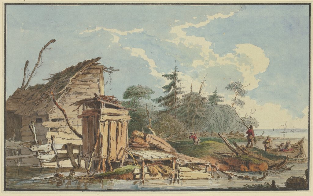 Holzhütten am waldigen Meeresufer, rechts ein Kahn mit einer Familie, Marquard Wocher