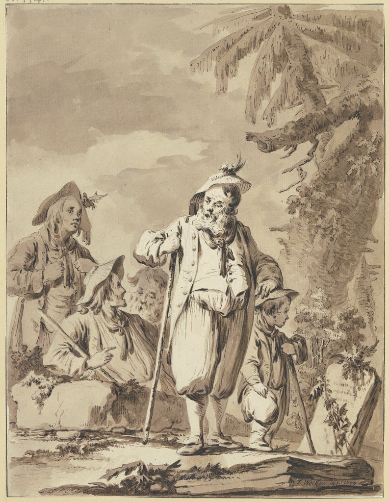 Ein alter Bauer mit drei Begleitern und einem Knaben bei einem Gedenkstein, Tiberius Dominikus Wocher