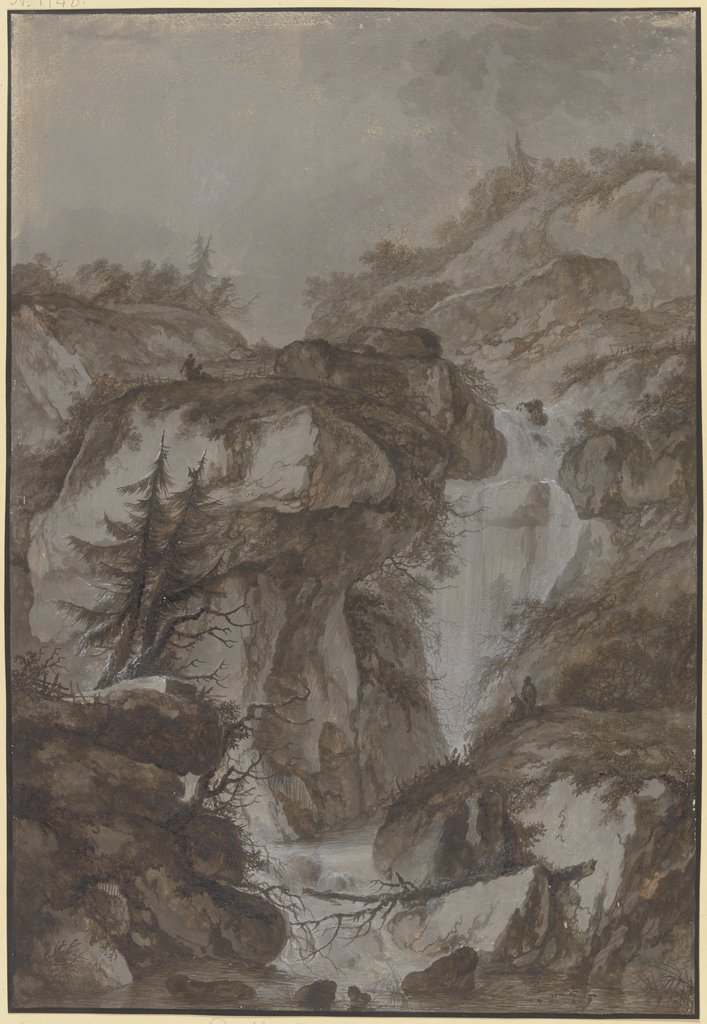 Gebirgsschlucht mit Wasserfall, angeblich der Handeckfall im Haßlital, Heinrich Wüest