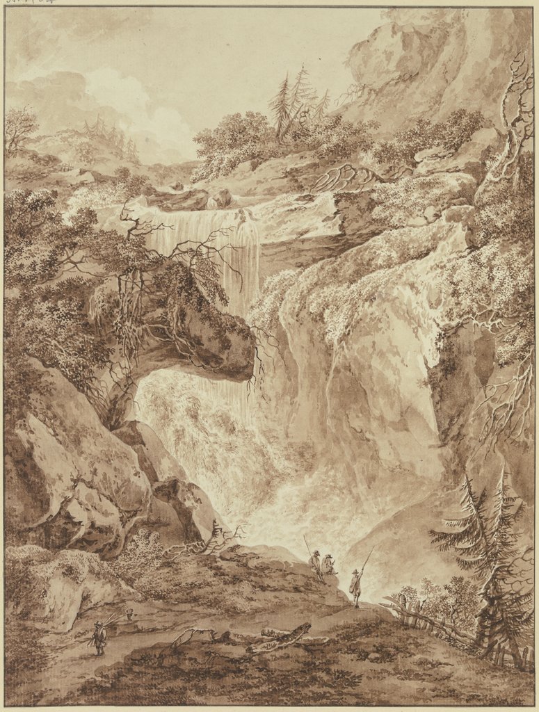 Wasserfall in einer Gebirgsschlucht, im Vordergrund vier Angler, Heinrich Wüest