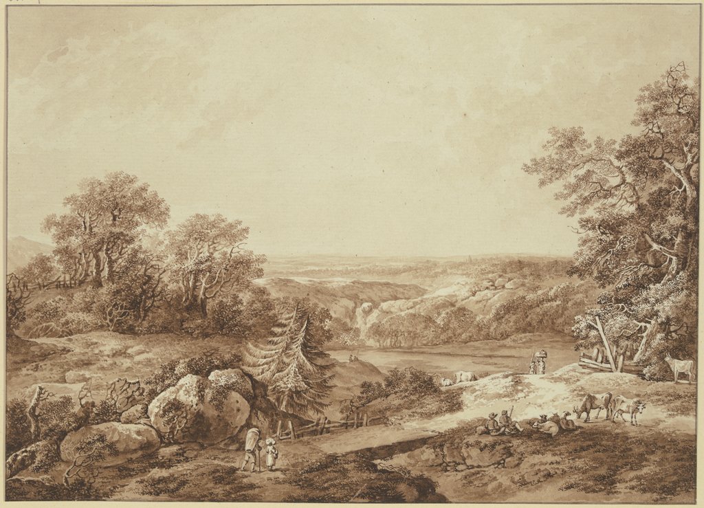 Hügellandschaft mit Ausblick in weite Ferne, vorne am Weg rastende Hirten mit ihrer Herde und wandernde Bauern, Heinrich Wüest