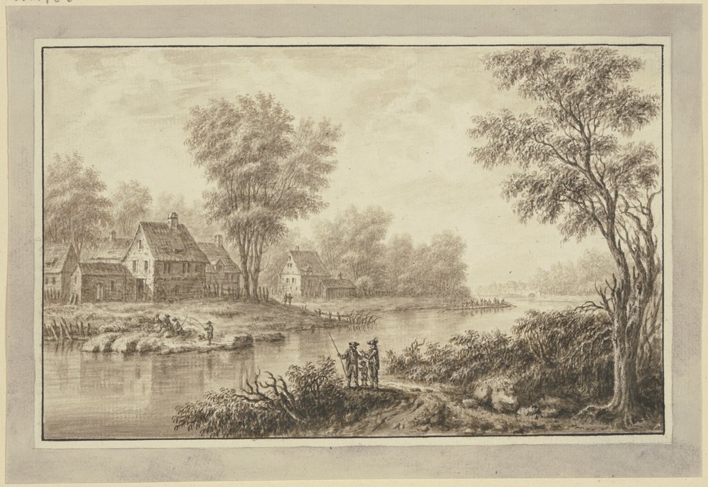 Blick auf einen Fluß, am linken Ufer eine Häusergruppe unter Bäumen, im Vordergrund eine Anglergruppe, Johann Caspar Zehender