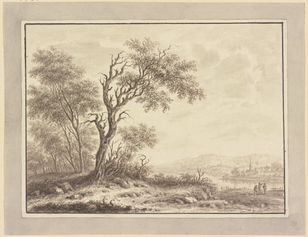 Baumgruppe an einem Flußufer, im Hintergrund ein Dorf, Johann Caspar Zehender