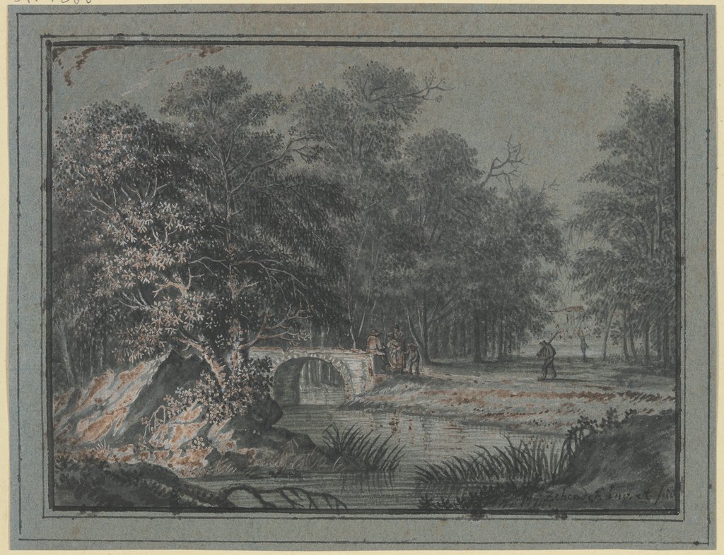 Wald mit Wasser und einer Brücke, dabei mehrere Figuren, Johann Caspar Zehender