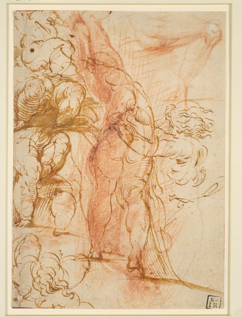 Mehrere Beinstudien von Putten, einwärts laufender Männerakt, Beinstudie und stehende Figur, Parmigianino, after Raphael