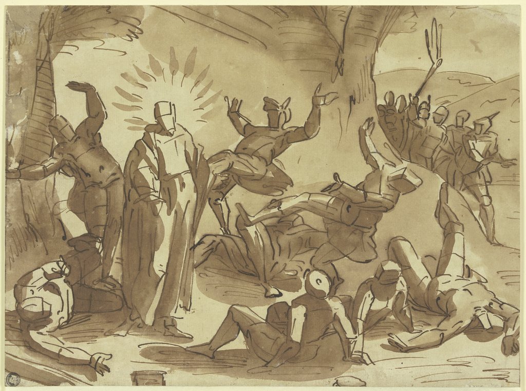 Christus wirft durch seine Stimme die ihn gefangennehmenden Soldaten nieder, Luca Cambiaso;  Werkstatt