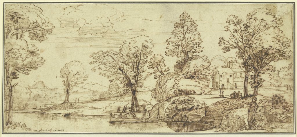 River Landscape with abandoned Boat, Annibale Carracci;  circle