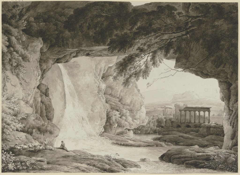 Blick aus einer Felsenhöhle auf eine antike Tempelruine, Franz Innocenz Josef Kobell