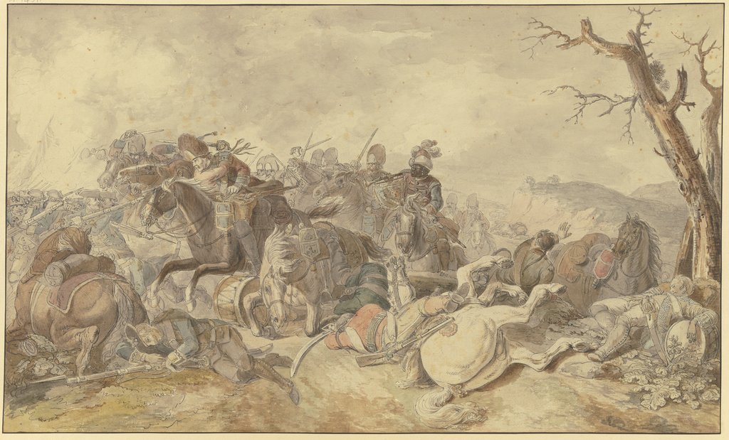 Kavallerieangriff gegen Infanterie, rechts ein sterbender Tambour, Georg Friedrich Hoch