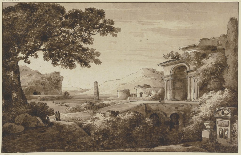Landschaft mit antiken Bauten und einem Obelisken, Franz Innocenz Josef Kobell