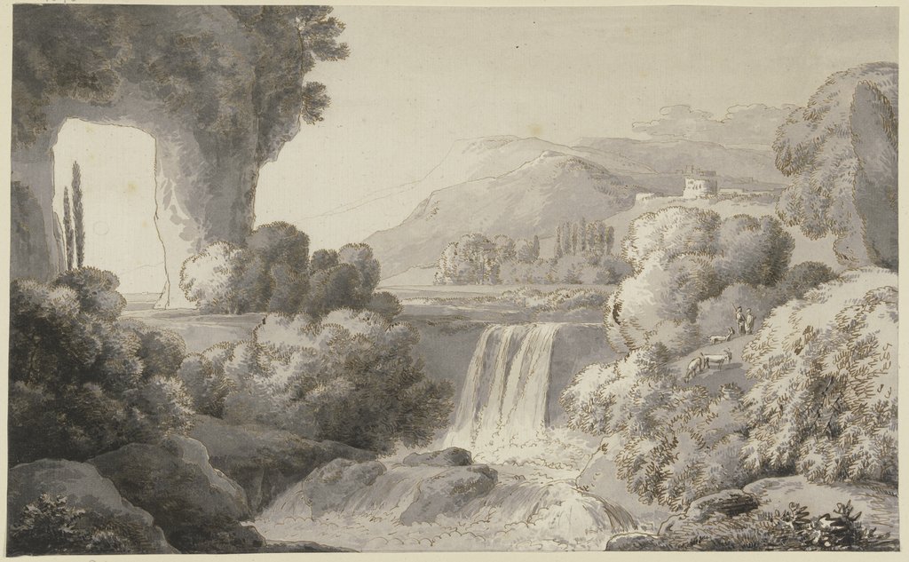 Flußlandschaft mit Wasserfall, links ein Felsentor, Franz Innocenz Josef Kobell