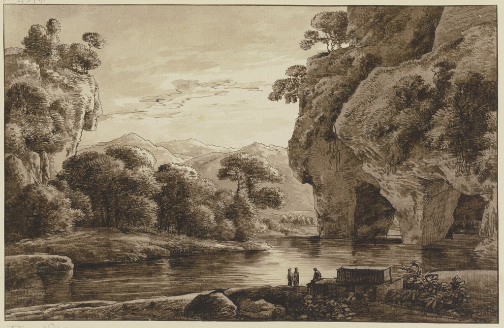Flußlandschaft, rechts Felsgrotten, Franz Innocenz Josef Kobell