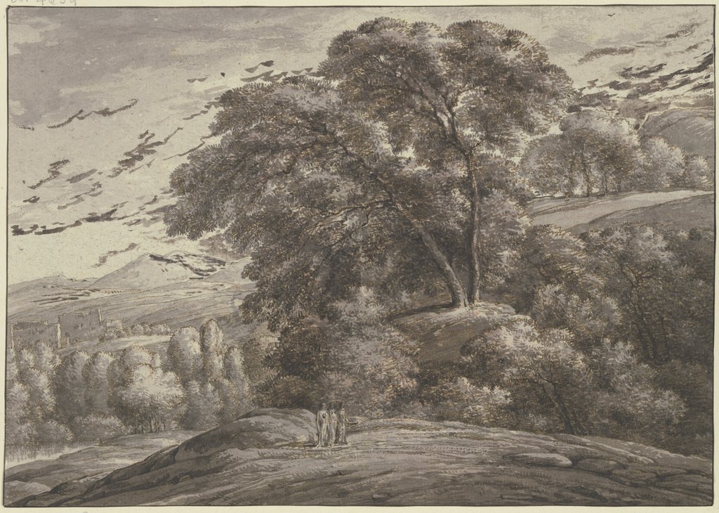 Gebirgslandschaft mit hohen Bäumen und drei Frauengestalten, Franz Innocenz Josef Kobell