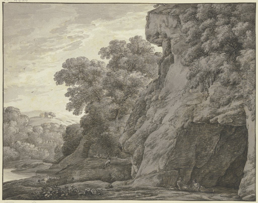 Eingang zu einer Felshöhle, links ein Gewässer, Franz Innocenz Josef Kobell