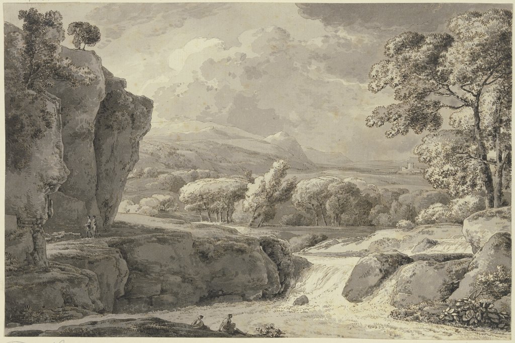 Flußlandschaft, links hohe Felsen, Franz Innocenz Josef Kobell