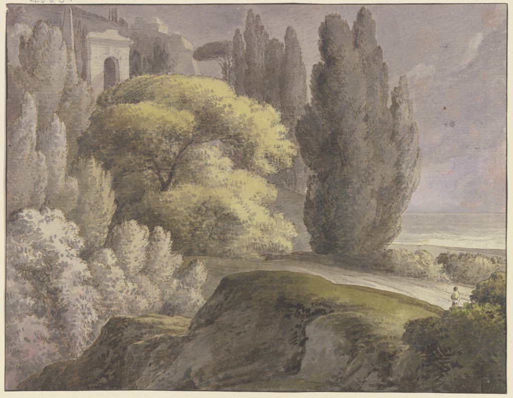Landschaft mit antiken Gebäuden zwischen hohen Bäumen, Franz Innocenz Josef Kobell