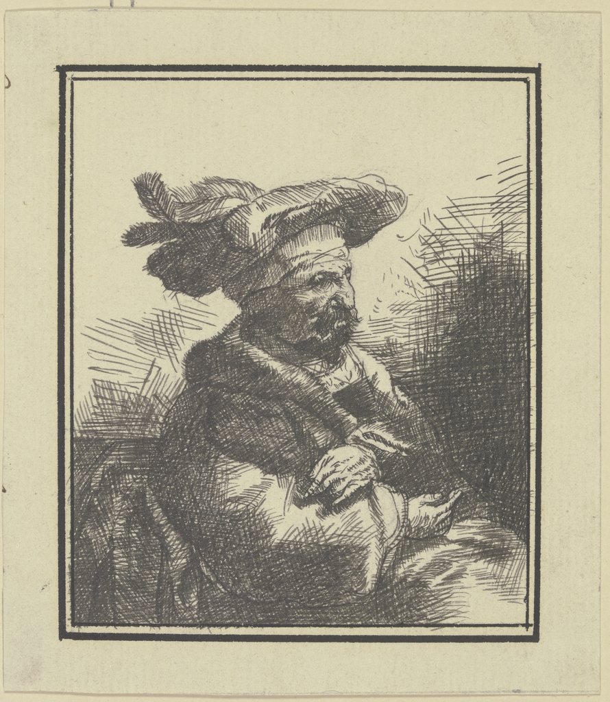 Ein Mann im Pelzrock und Federhut, sitzend, im Profil nach rechts, German, 18th century