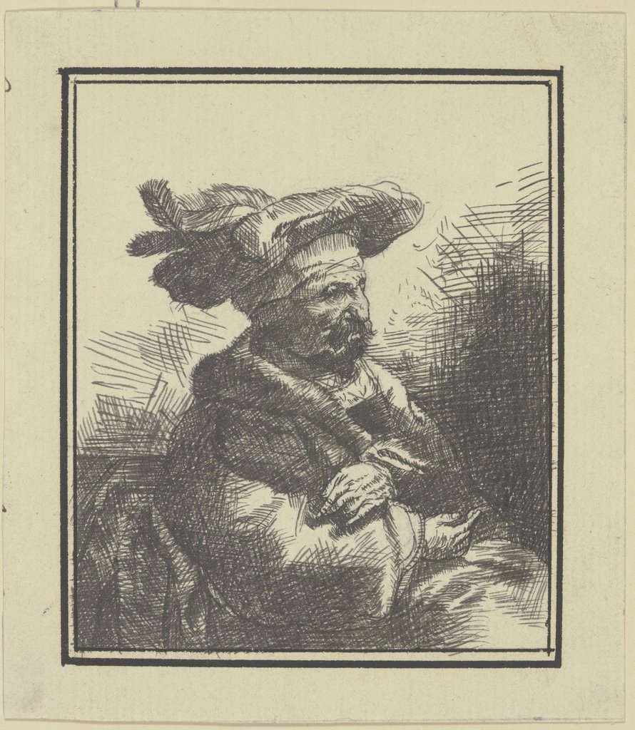 Ein Mann im Pelzrock und Federhut, sitzend, im Profil nach rechts, German, 18th century