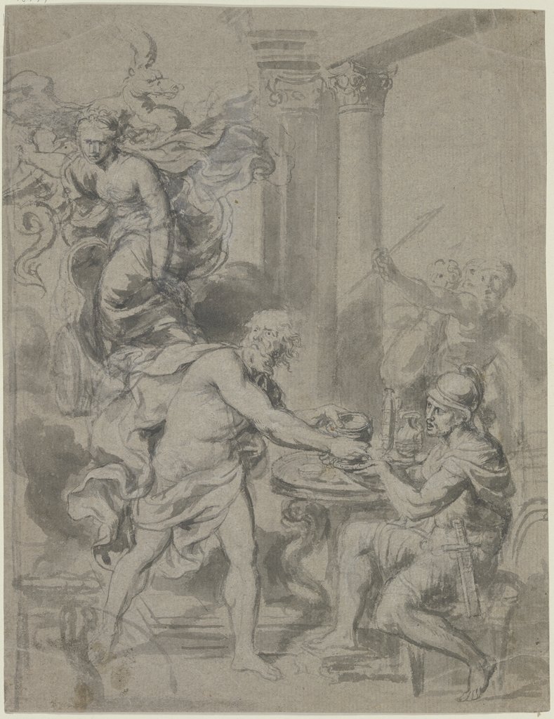 Mythologische Szene: Einem Krieger, der vor Säulen an einem Tisch sitzt, wird von einem nackten Mann ein Pokal überreicht, German, 18th century