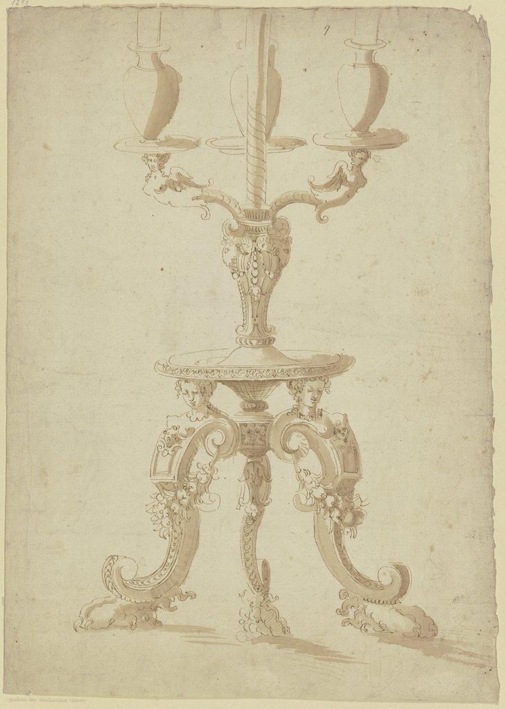 Dreiarmiger Leuchter, Fuß aus drei Karyatiden mit Voluten bestehend, German, 18th century