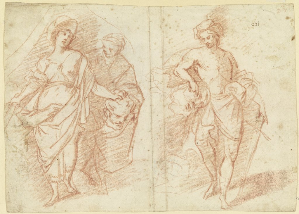 Links Judith mit dem Haupt des Holofernes, rechts David mit dem Haupt des Goliath, Süddeutsch, 18. Jahrhundert