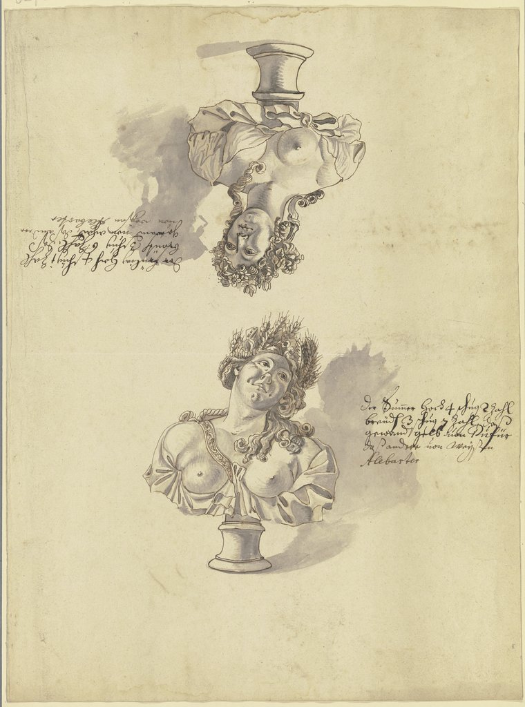 Skizzenbuchblatt mit den Büsten der vier Jahreszeiten: Frühling und Sommer, Süddeutsch, 18. Jahrhundert