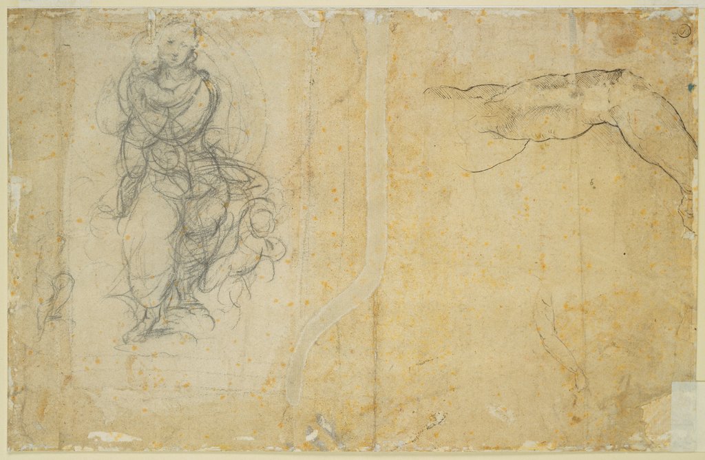 Madonna mit Kind in einer Glorie; zwei Armstudien, Raffael, Raffael;  Werkstatt
