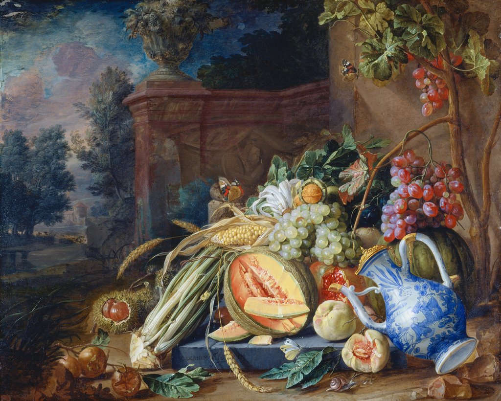 Stillleben mit Gemüse und Früchten vor einer Gartenbalustrade, Cornelis de Heem