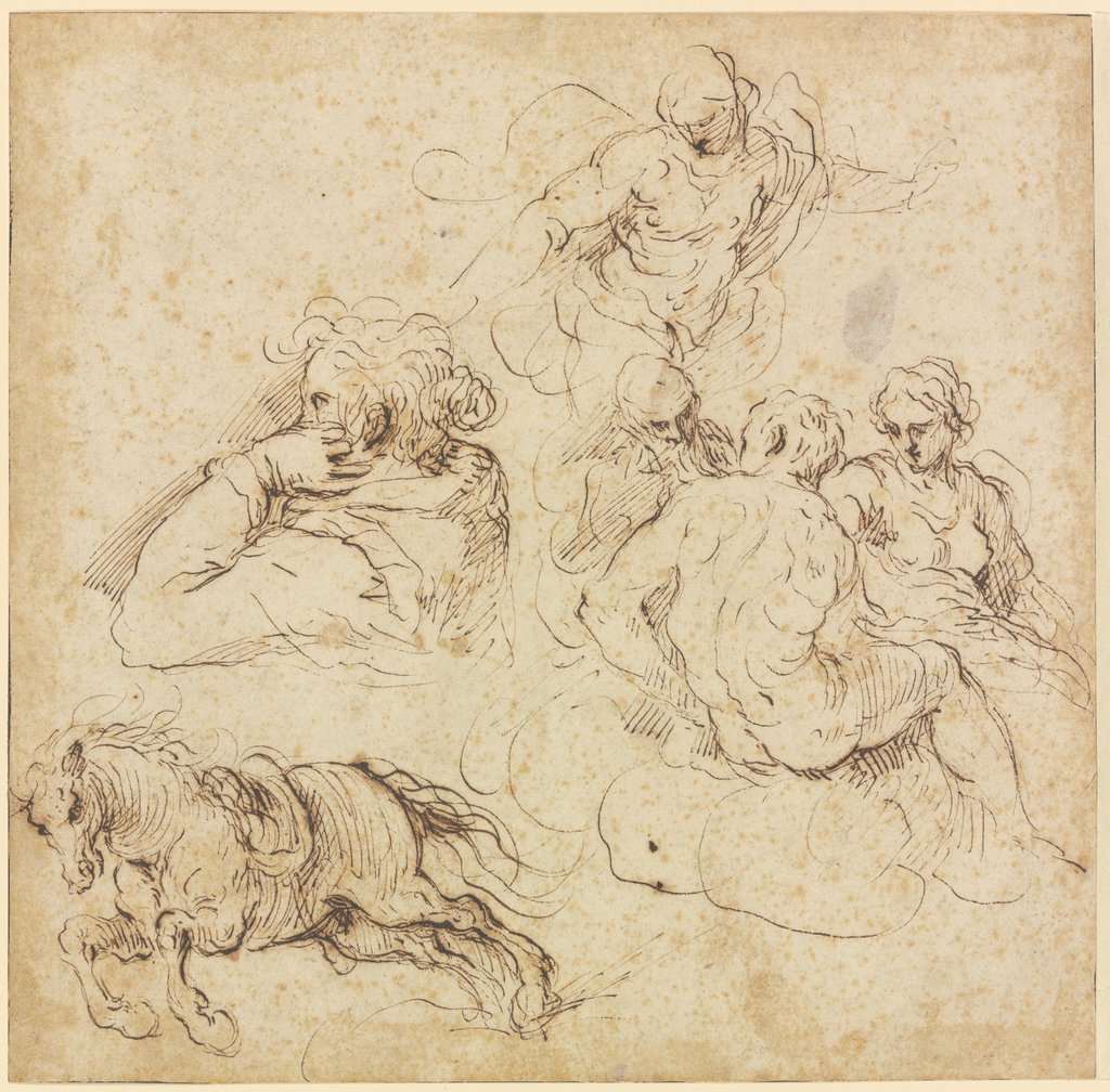 Studienblatt mit galoppierendem Pferd, einer Frau im Profil nach links, einer Figurengruppe auf Wolken und einem Engel, Jacopo Palma il Giovane