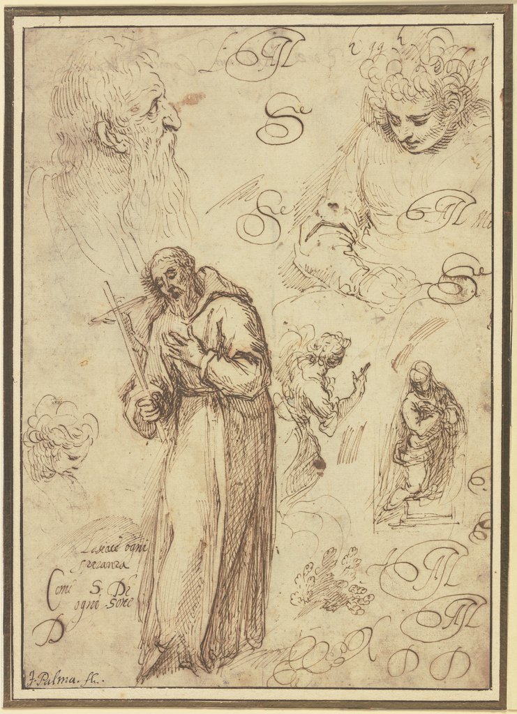 Studienblatt mit dem Heiligen Franziskus, einer Verkündigung und drei Kopfstudien, Jacopo Palma il Giovane