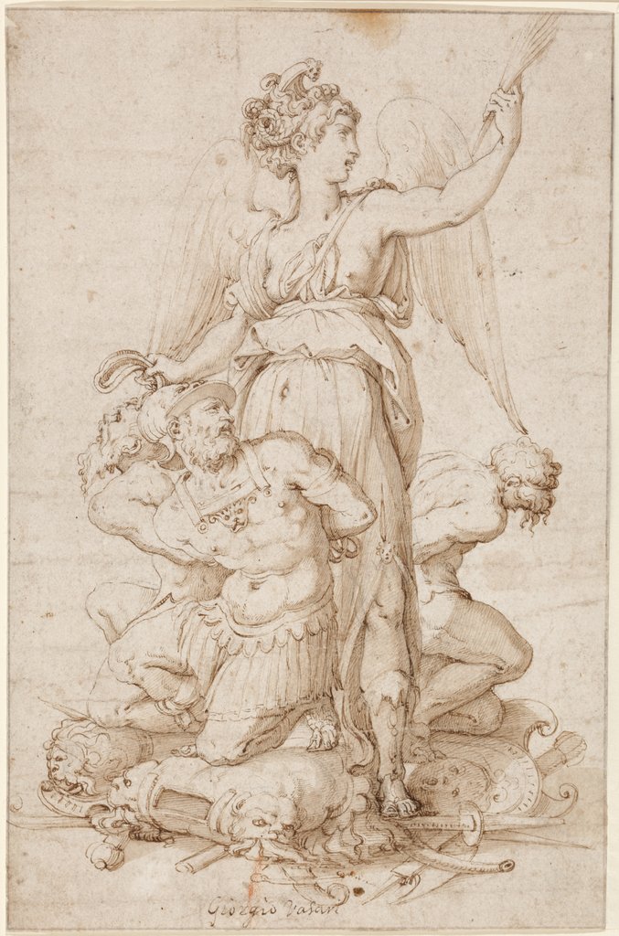 Geflügelte Viktoria mit Palmzweig und drei auf Trophäen knienden Gefangenen, Giorgio Vasari