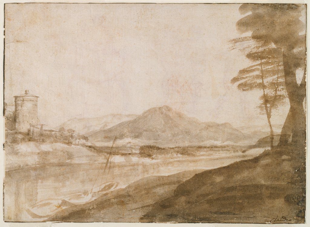 Ansicht des Tiber mit einem Turm am gegenüberliegenden Ufer, Claude Lorrain