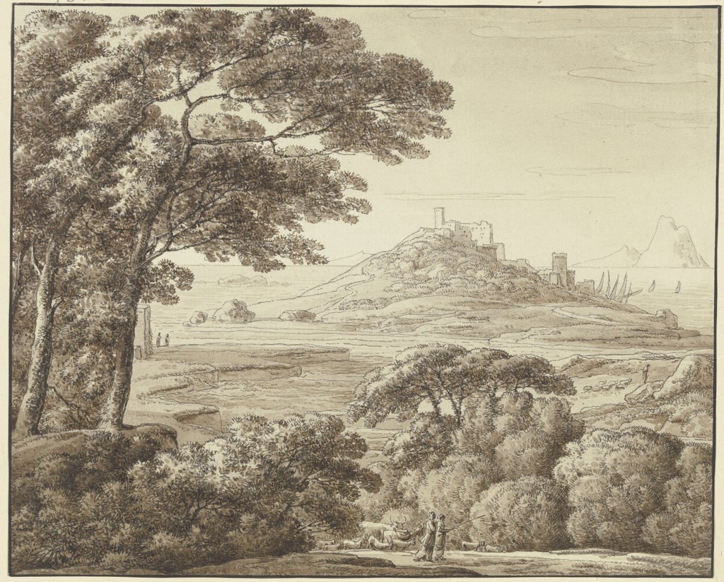 Südliche Landschaft mit Burg, Hafen und Staffagefiguren, Franz Innocenz Josef Kobell