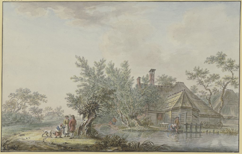 Gehöft an einem Wasser, links an einer Weide ein Bauernpaar mit einem Kind und einem Hund, Johann Jakob Koller