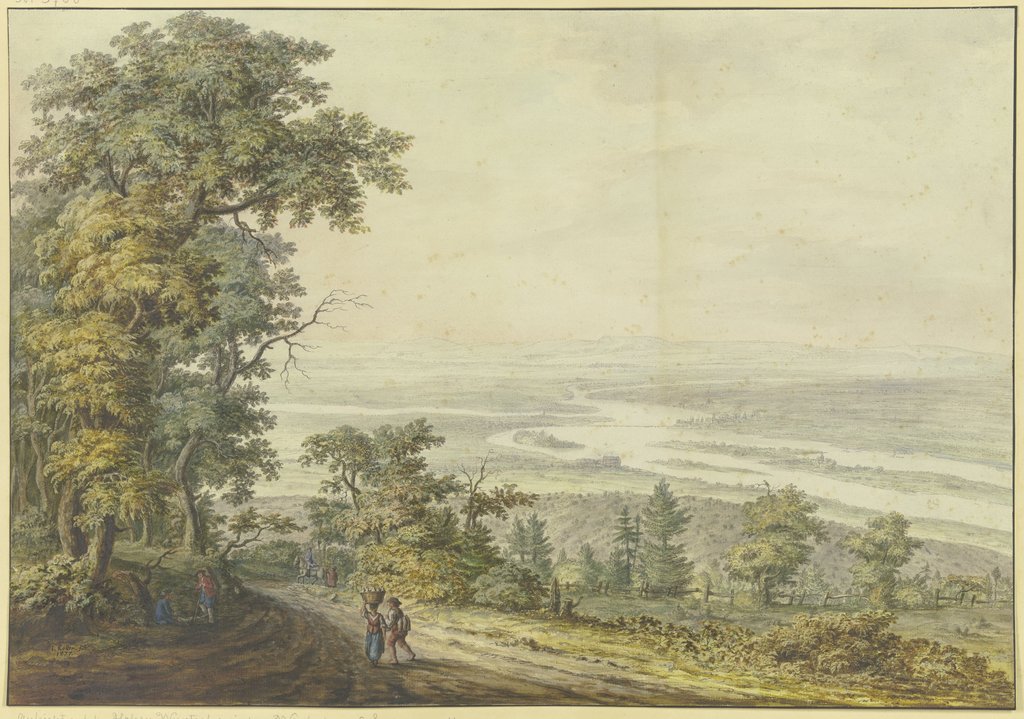 Blick auf das Rheintal von der Hohen Wurzel zwischen Wiesbaden und Bad Schwalbach aus, mit Staffagefiguren, Johann Jakob Koller
