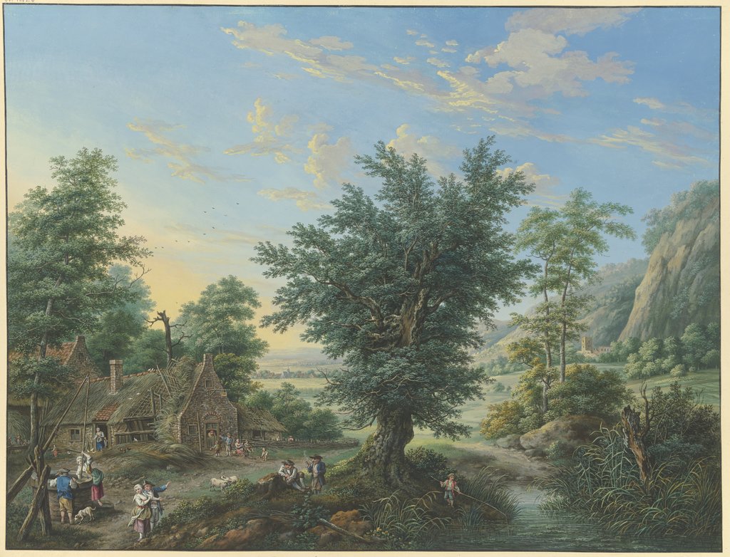 Reiche Landschaft mit Bäumen, Wiesen und Dörfern, vorne links eine Hütte mit Ziehbrunnen und vielen Figuren, Karl Franz Kraul, Johann Georg Pforr