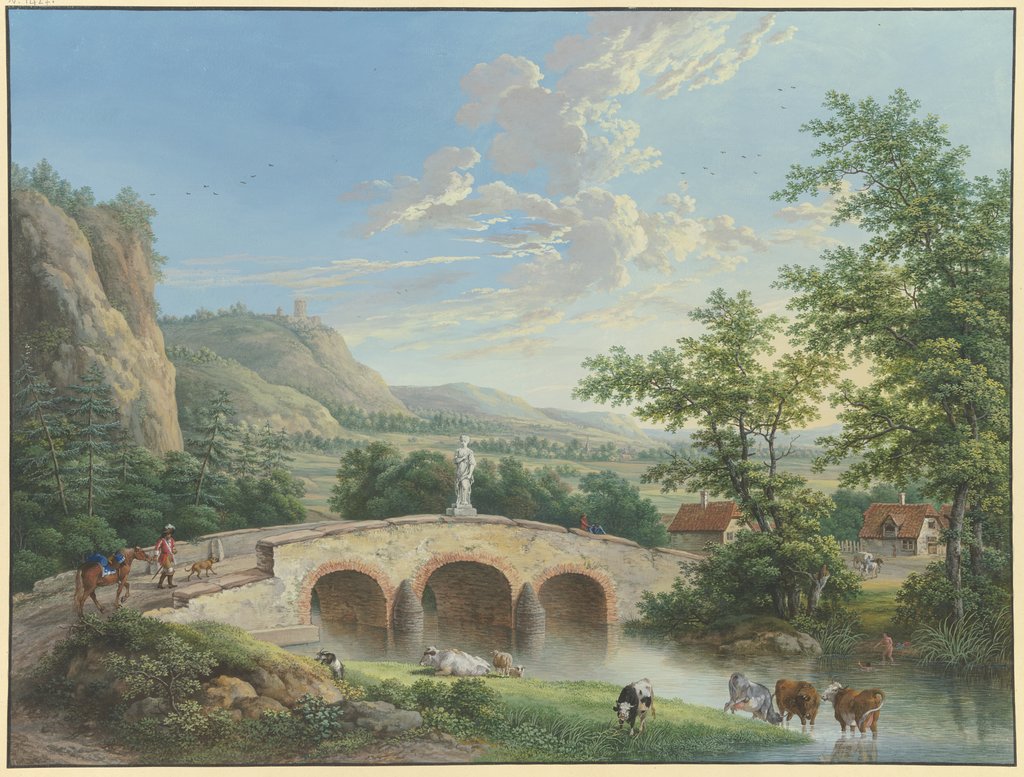 Tallandschaft mit einer steinernen Brücke, auf deren Brüstung eine antike Skulptur aufgestellt ist, Karl Franz Kraul, Johann Georg Pforr