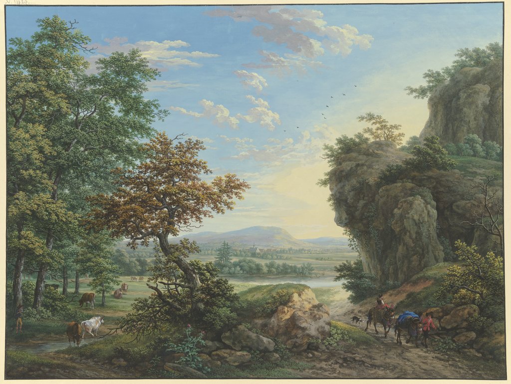 Wiesengrund an Fluß und Wald, rechts hohe Felsen, Karl Franz Kraul